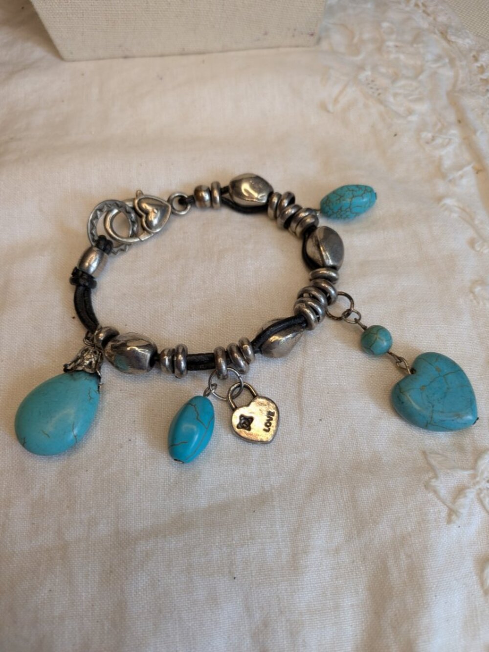 Southwestern Silver & Turquoise Charm Bracelet – Heart Center, Size 7